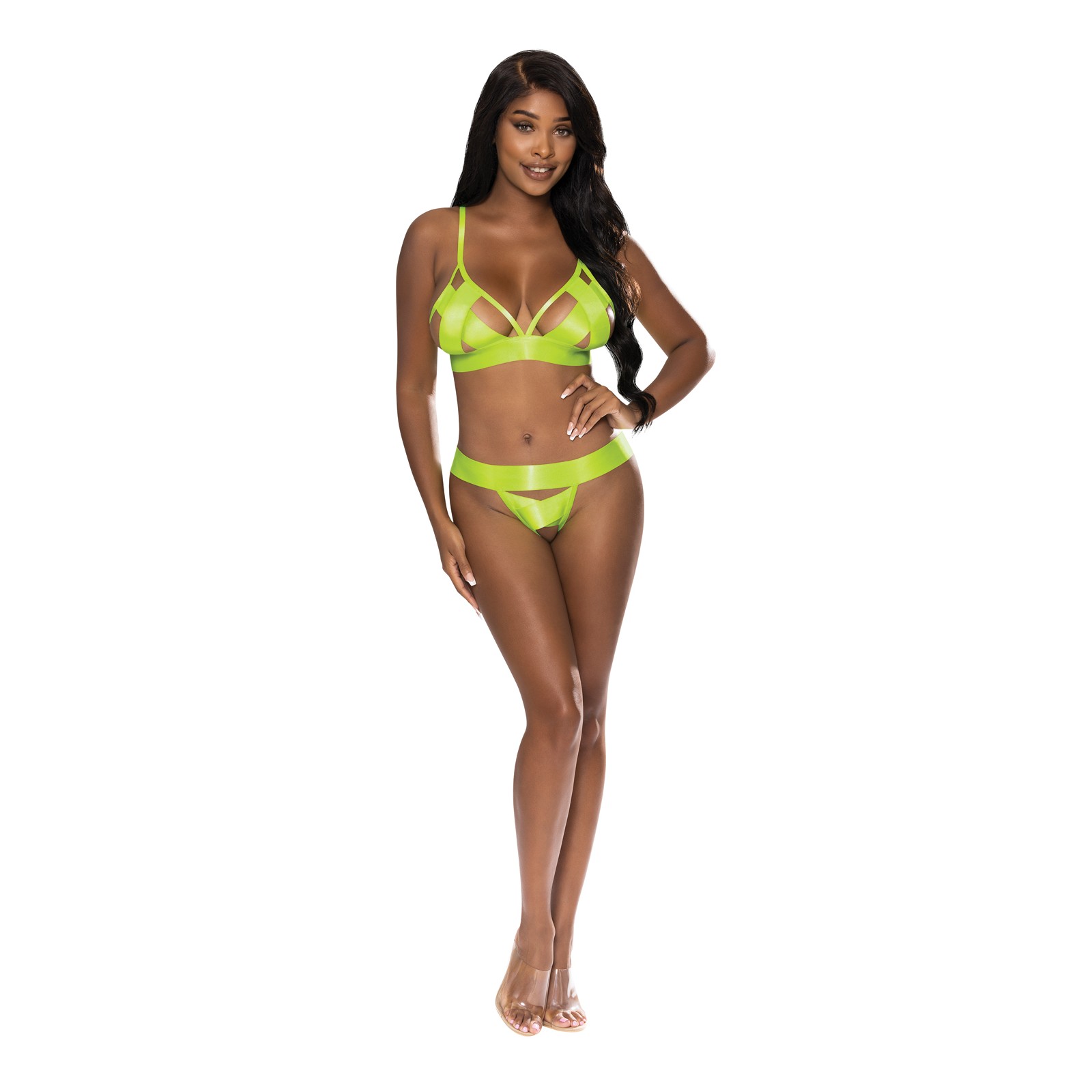 Strap-Tease Bra & Crotchless Panty Neon Yellow L/XL