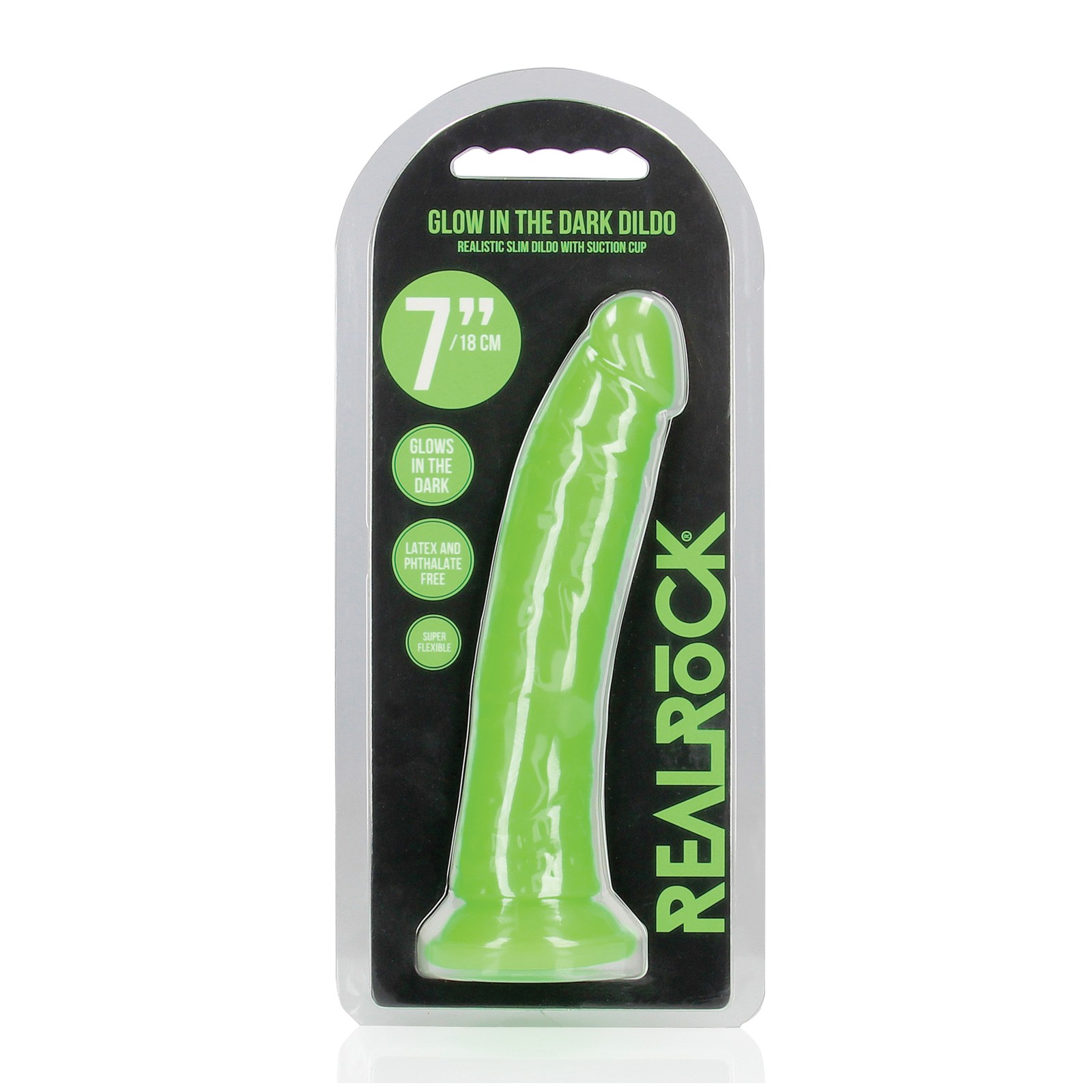 Dildo Slim RealRock 7" Verde Neón que Brilla en la Oscuridad