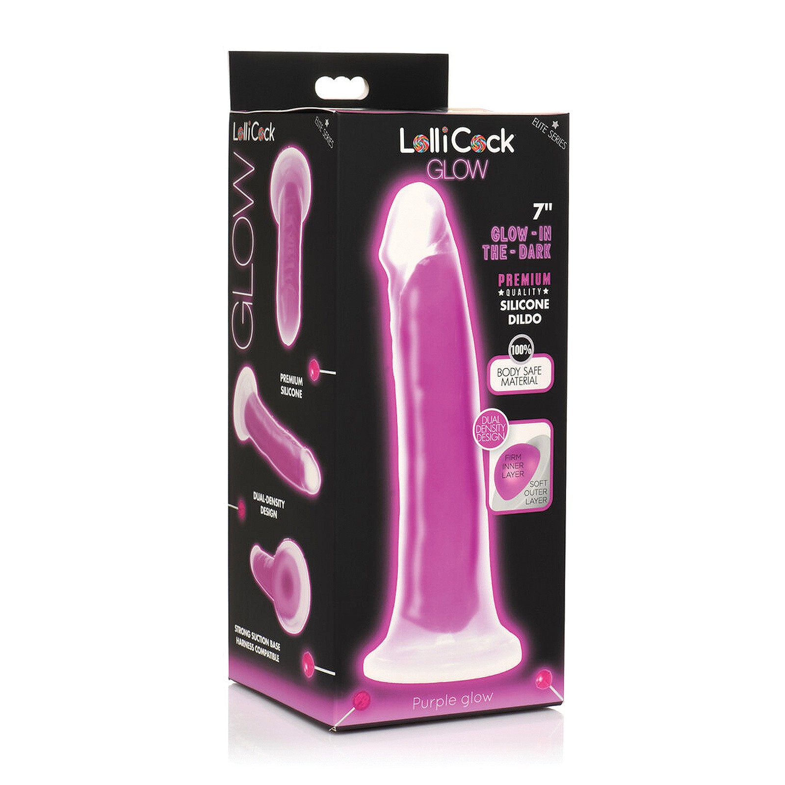 Dildo de Silicona Lollicock de 7" que Brilla en la Oscuridad - Morado