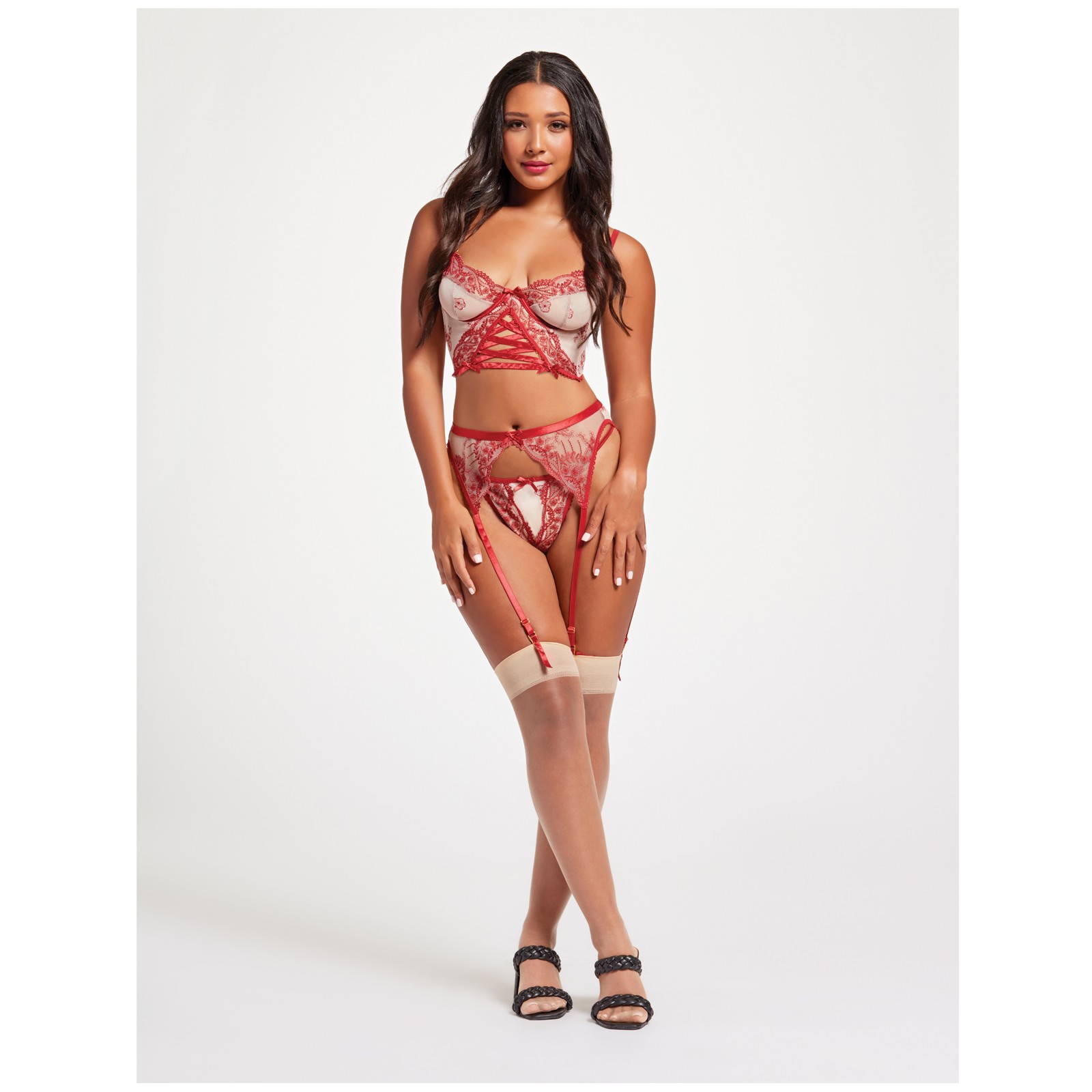 Sheer Mesh Floral Bustier & Garter Set - Red/Nude LG