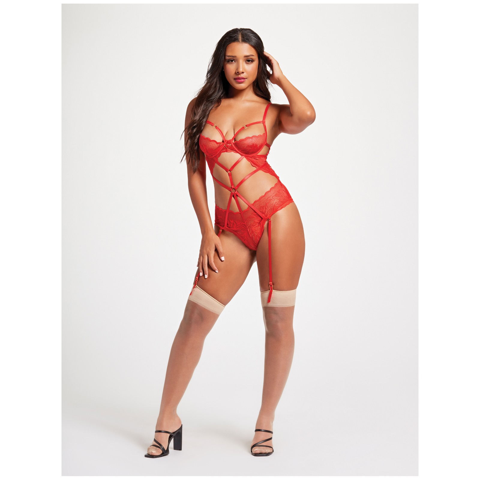 Sheer Lace & Lace Demi Cup Teddy Red LG