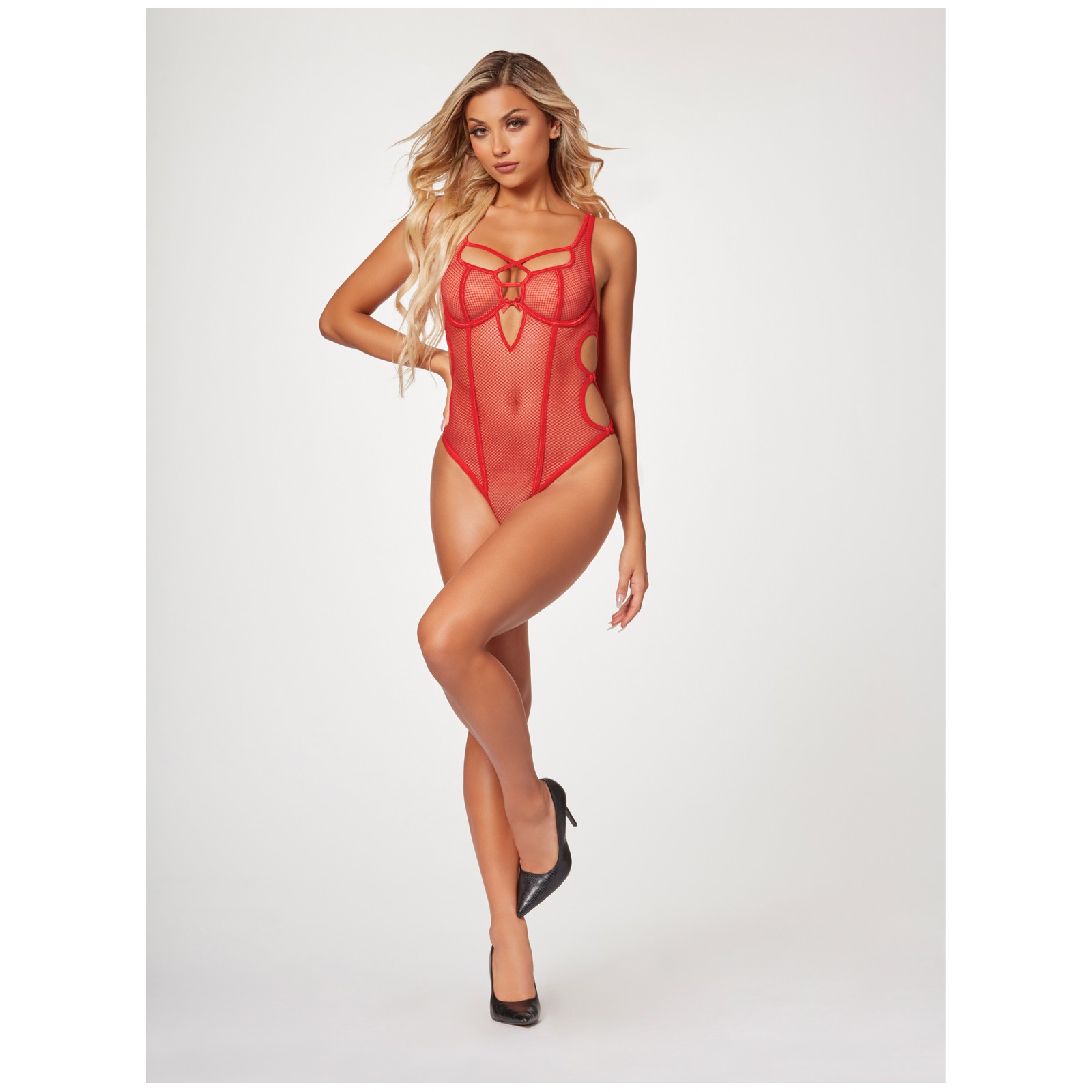 Fishnet Strappy High Cut Leg Teddy in Red