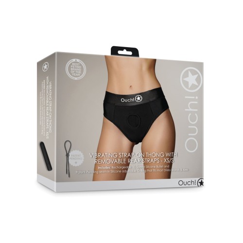 Thong Vibrante Strap-On Ouch! con Tirantes Traseros Removibles - Negro XS/S