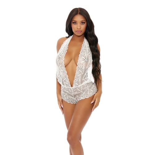 Sheer Lace Deep V Halter Bodysuit Open Crotch White XL