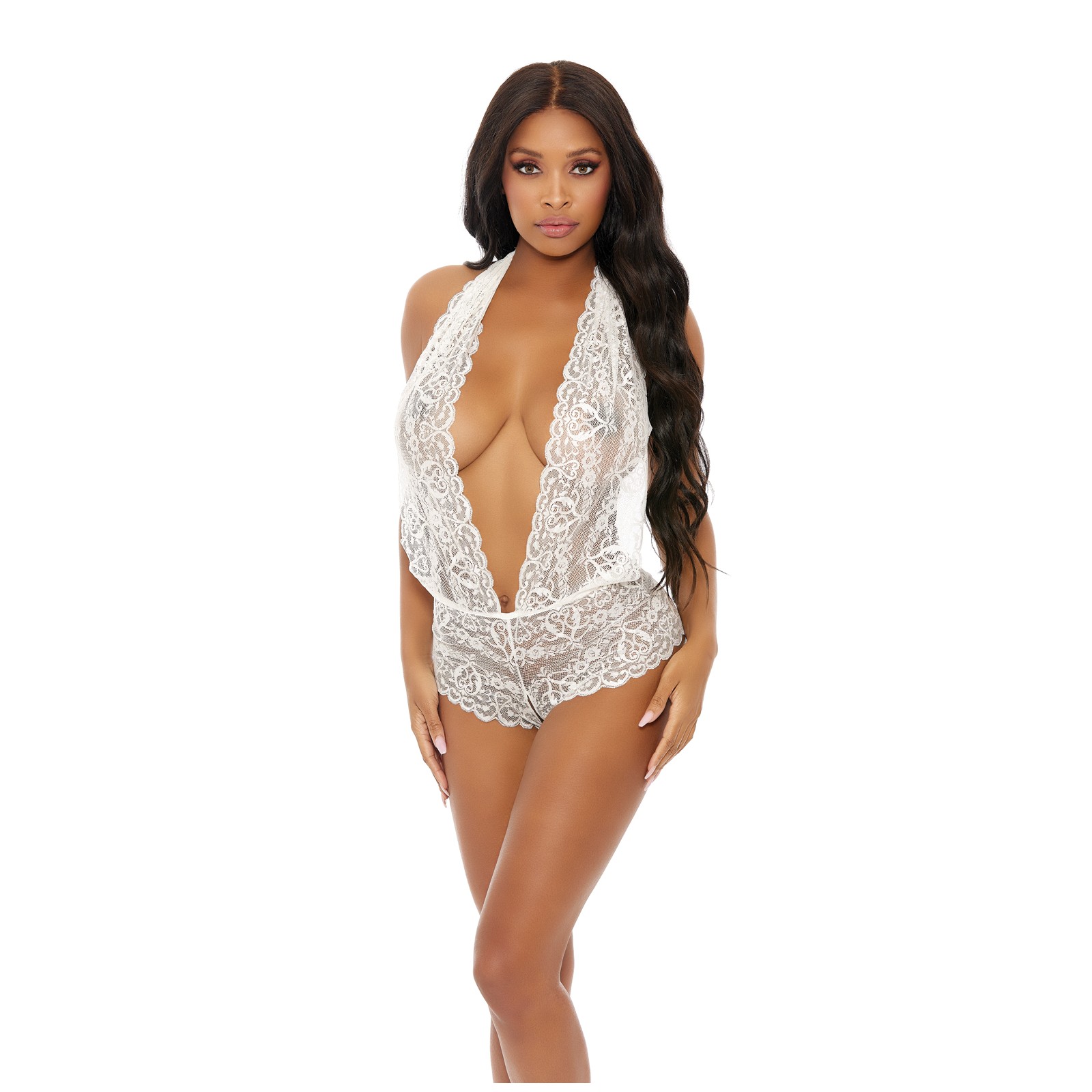 Sheer Lace Deep V Halter Bodysuit Open Crotch White XL