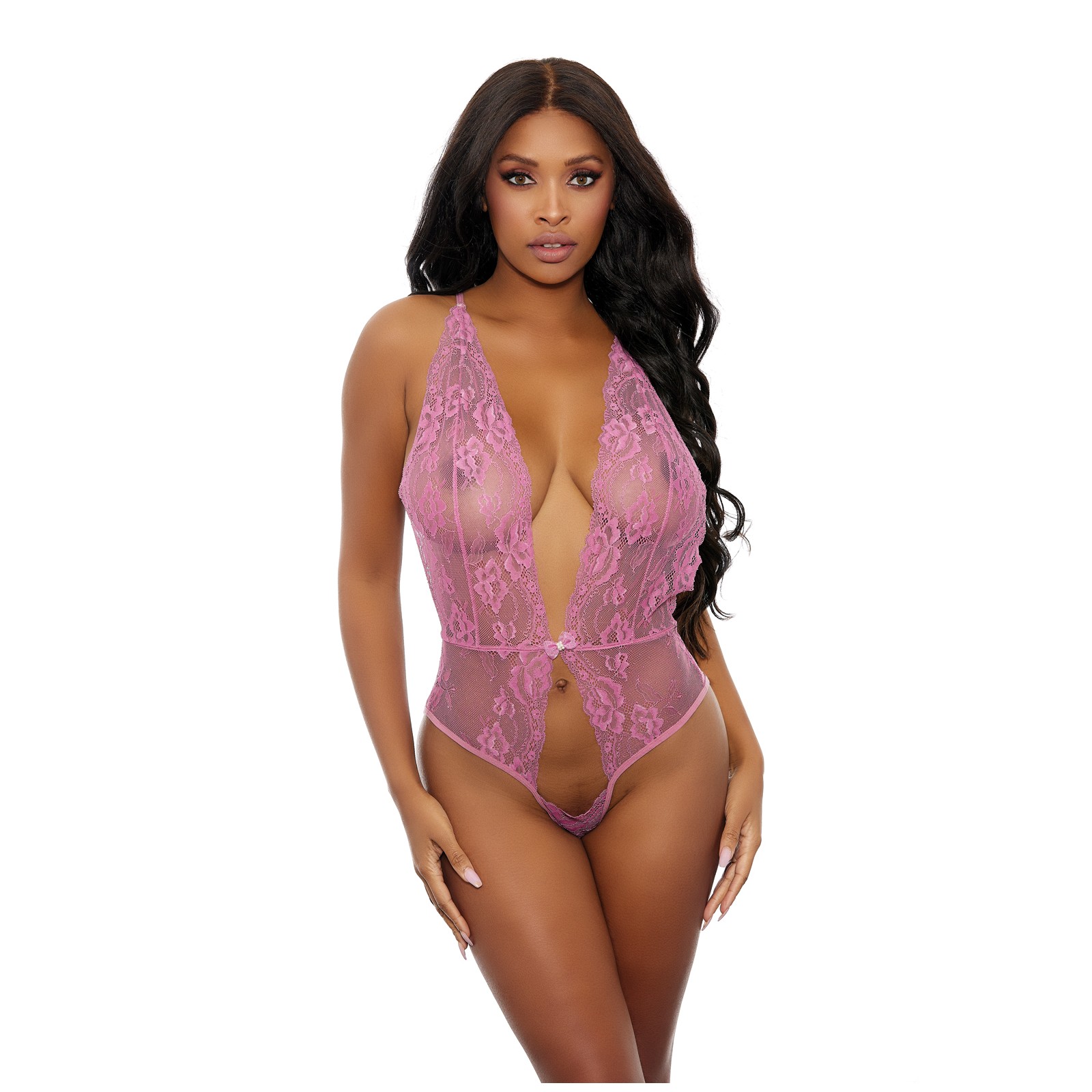 Sheer Lace Open Teddy Pink O/S