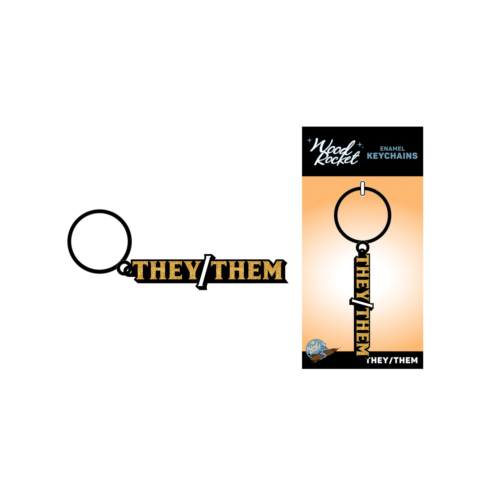 Stylish Wood Rocket They/Them Keychain in Black/Gold