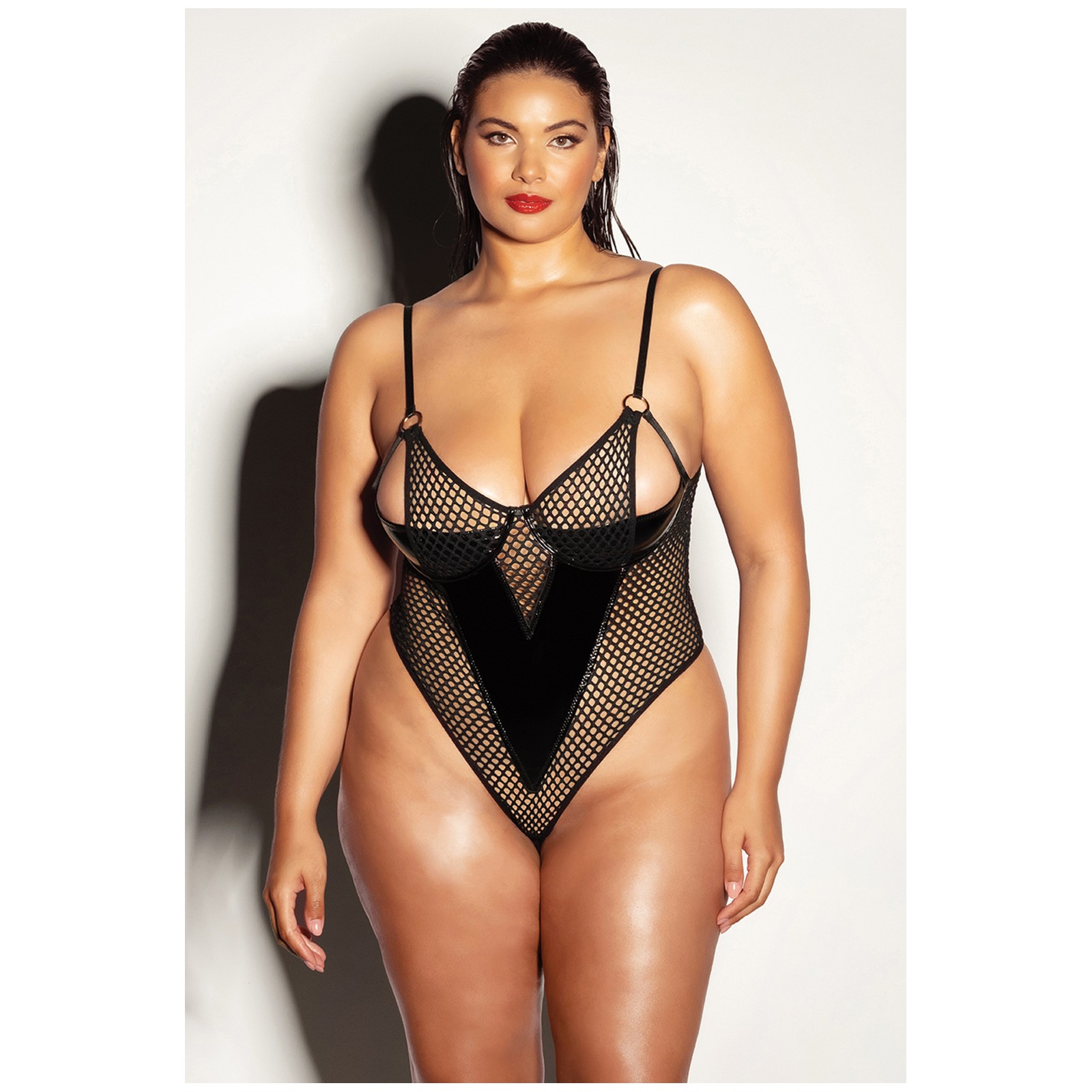 Fetish Frisky Fishnet Teddy Black 2X for Curvy Women