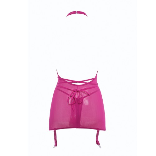 Vestido de Malla Transparente Allure Savannah con Garter y Tanga Abierta - Rosa Fucsia S/M