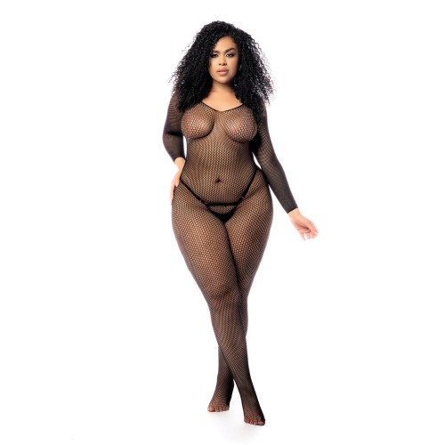 Long Sleeved Fishnet Body Stocking - Black QN