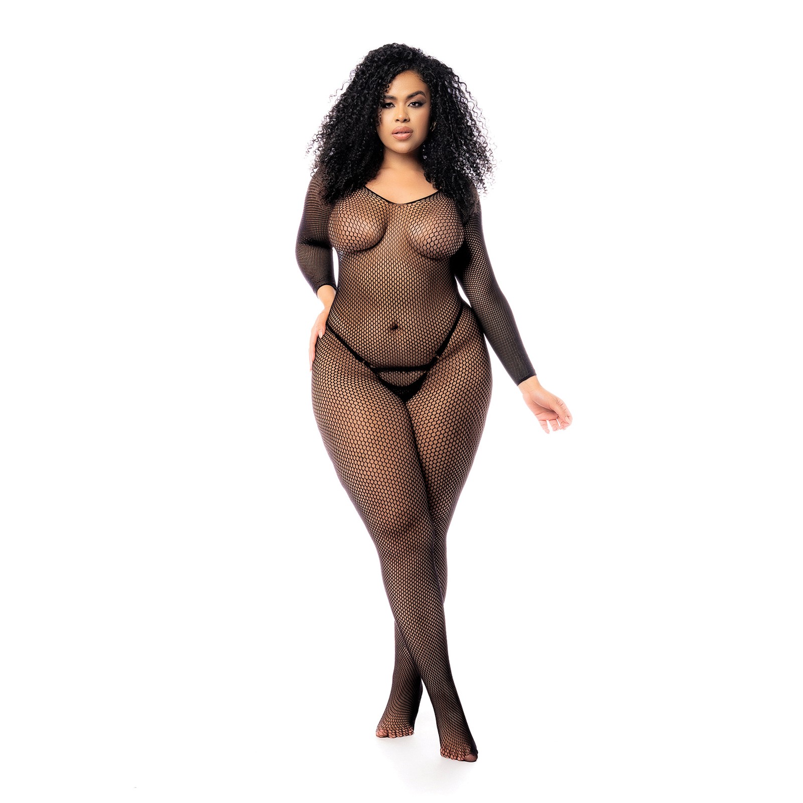 Long Sleeved Fishnet Body Stocking - Black QN