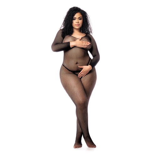 Long Sleeved Fishnet Body Stocking - Black QN