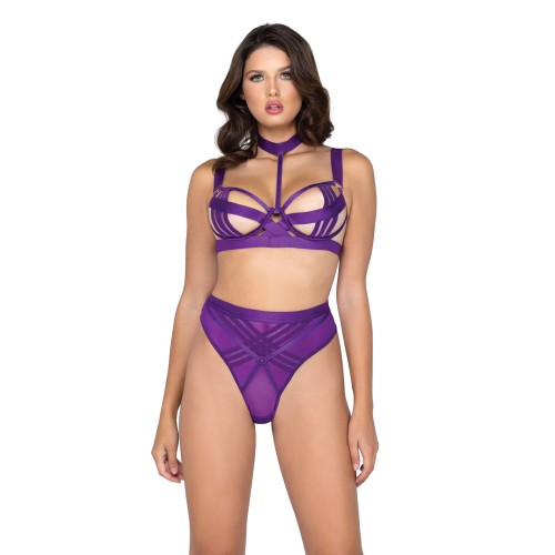 Bondage Stripe Demi Cup Underwire Bra & Panty Purple