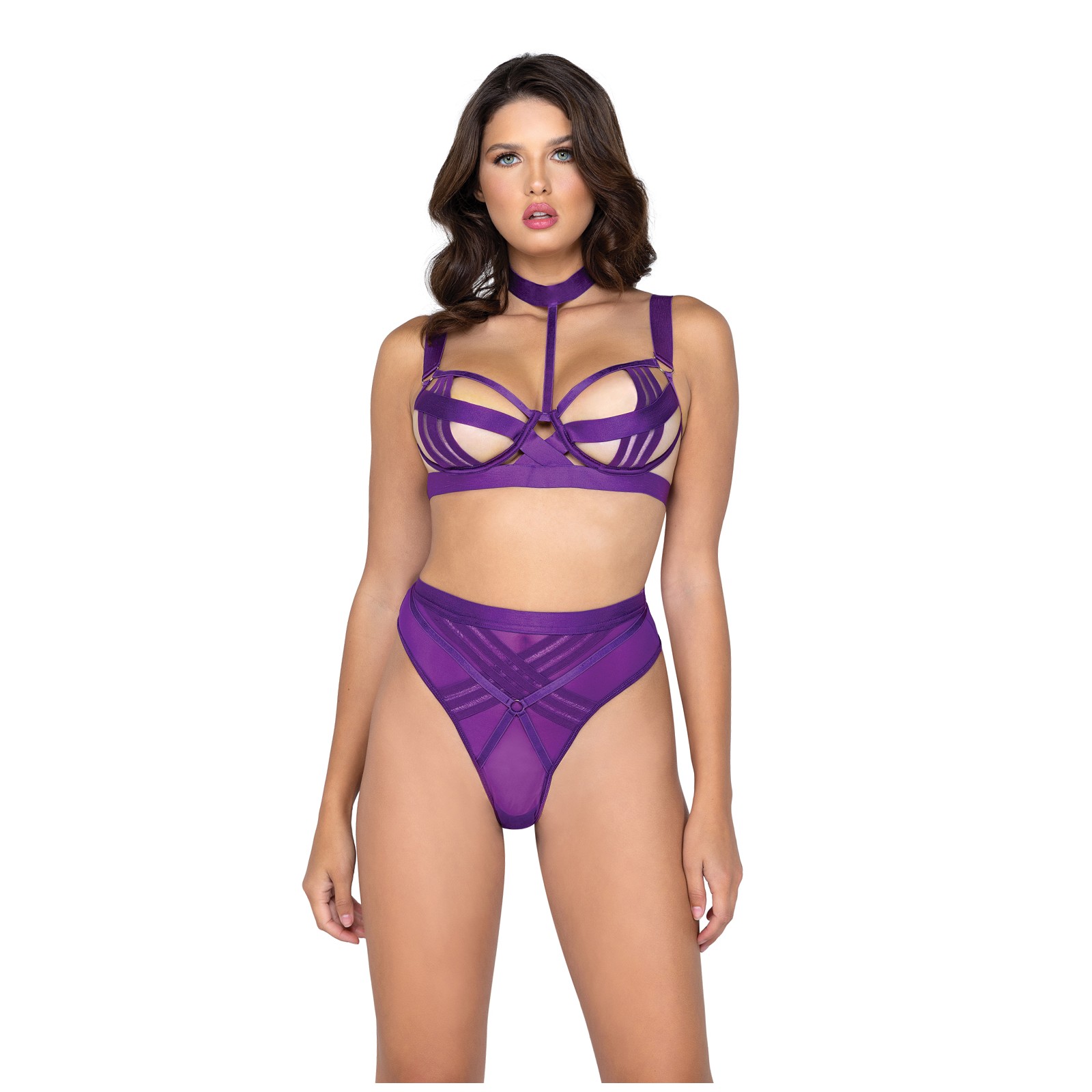 Bondage Stripe Demi Bra Panty Set Purple Small