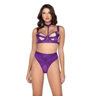 Bondage Stripe Demi Bra Panty Set Purple Small