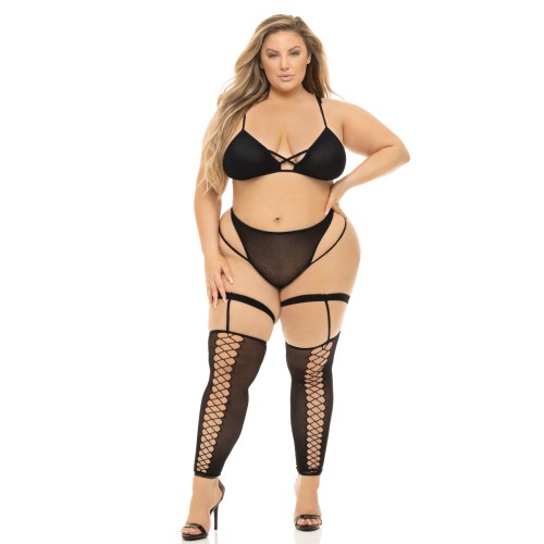 Want You Now Bra, Panty & Stockings - Black QN