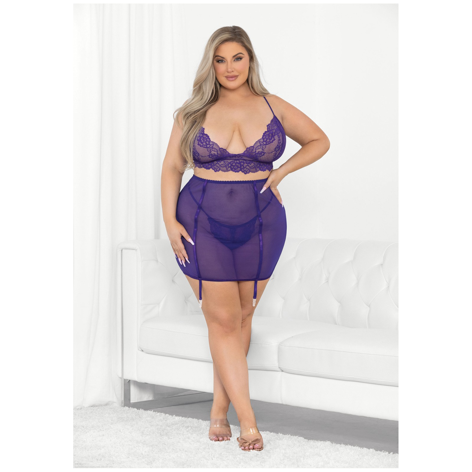 Lace & Mesh Long Line Bra Set - Midnight Purple