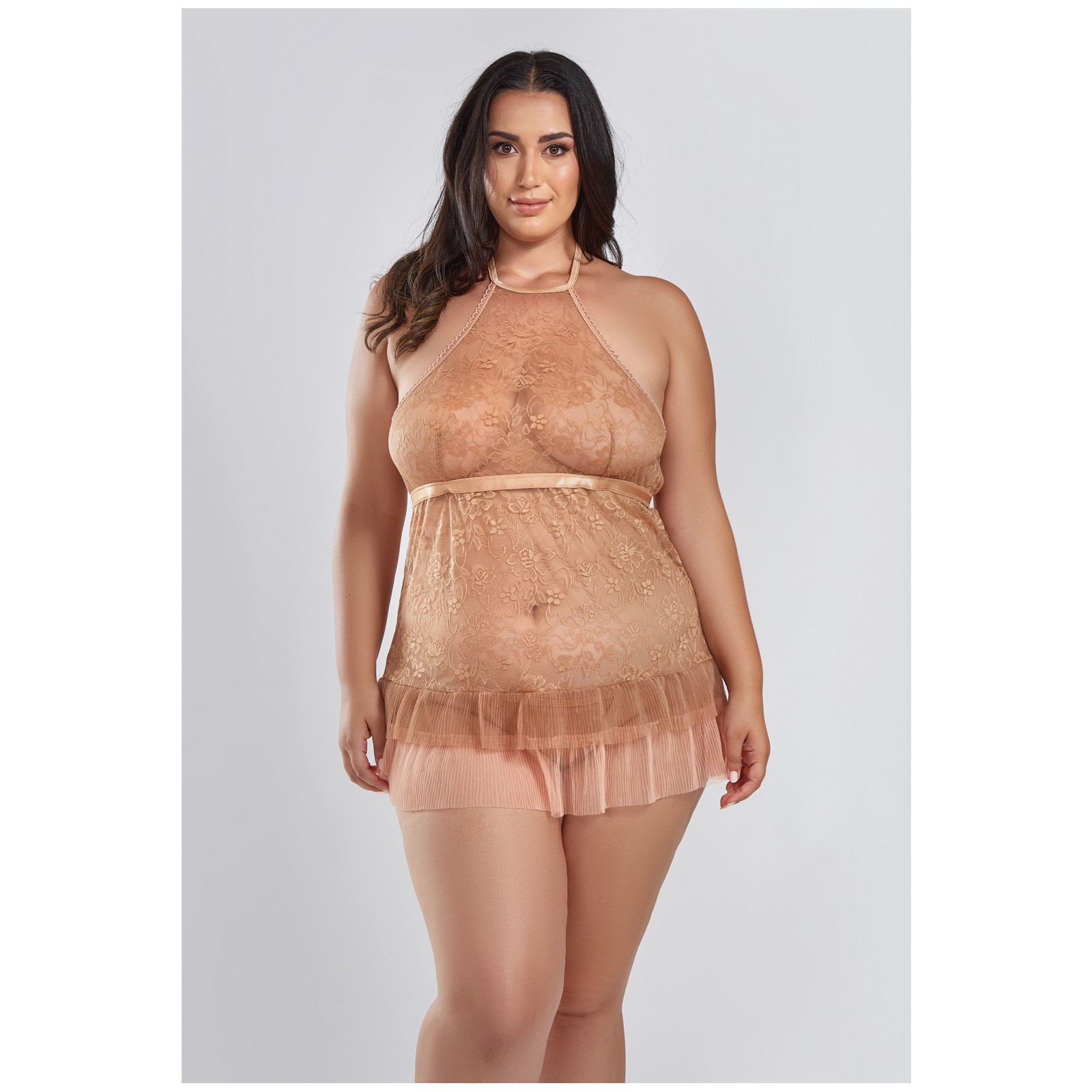 Amber Halter Lace Babydoll with G-String Brown 1X