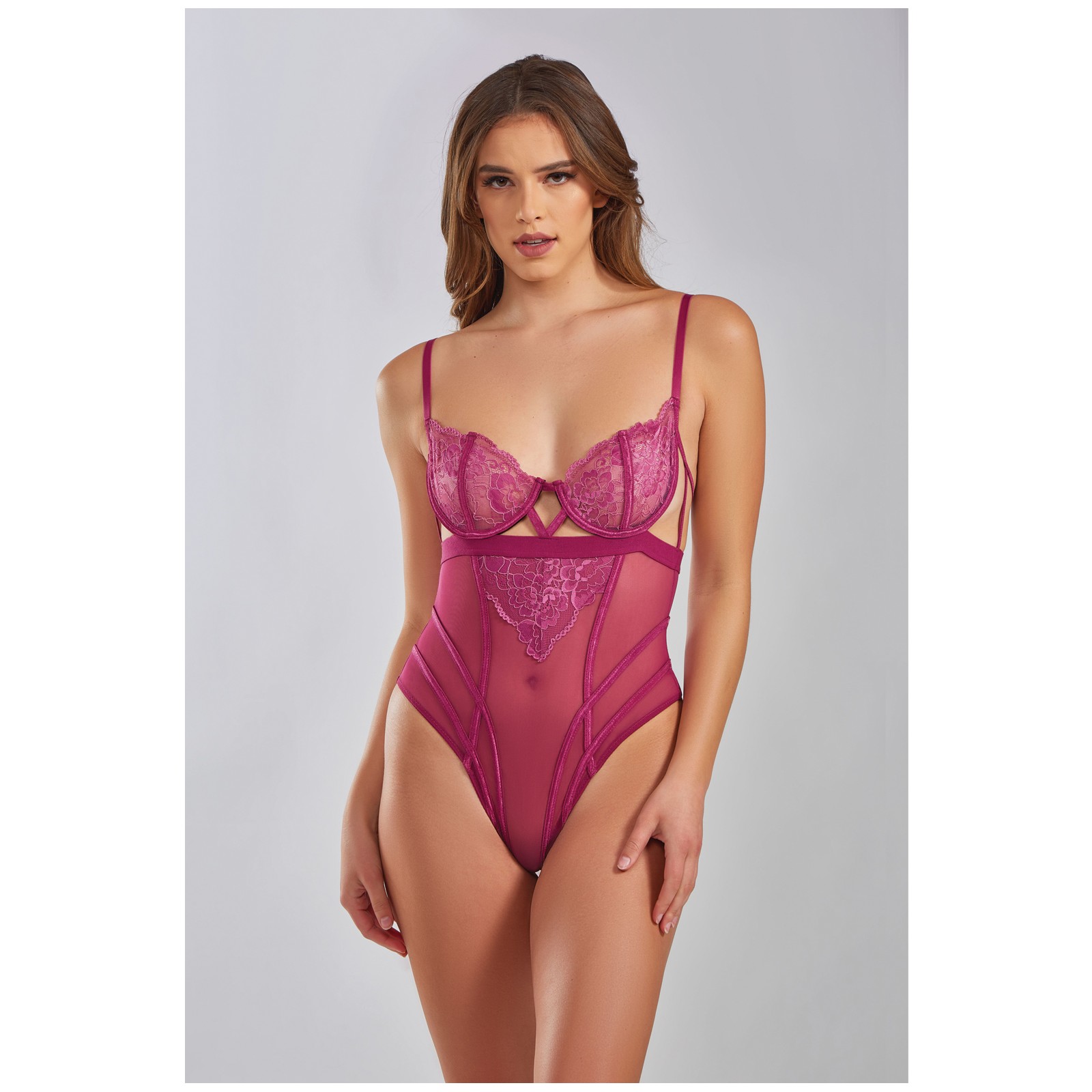 Quinn Cross Dyed Lace & Mesh Teddy Wine