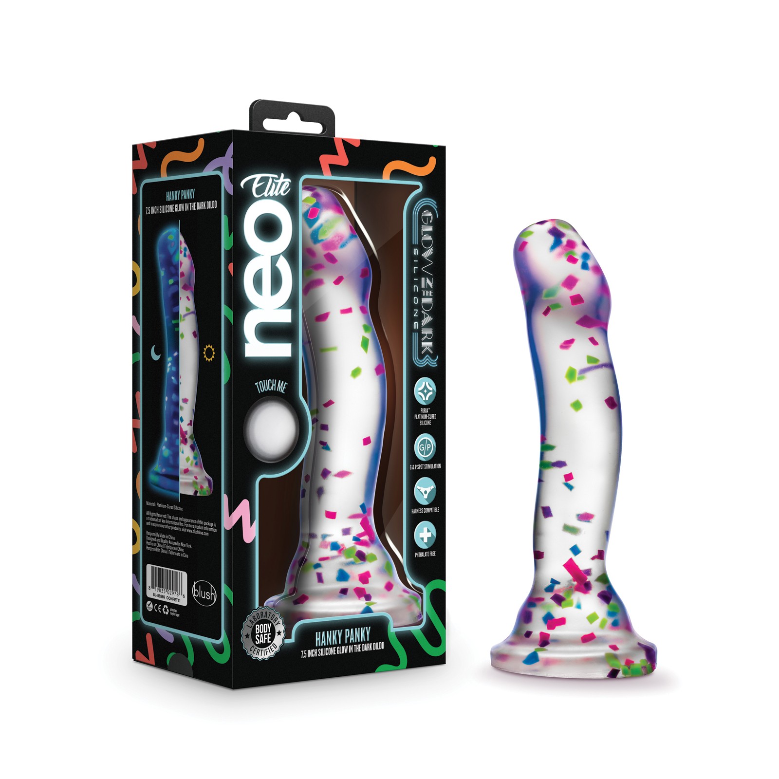 Blush Neo Elite 7" Confetti Dildo Glow in the Dark - Playful Toy