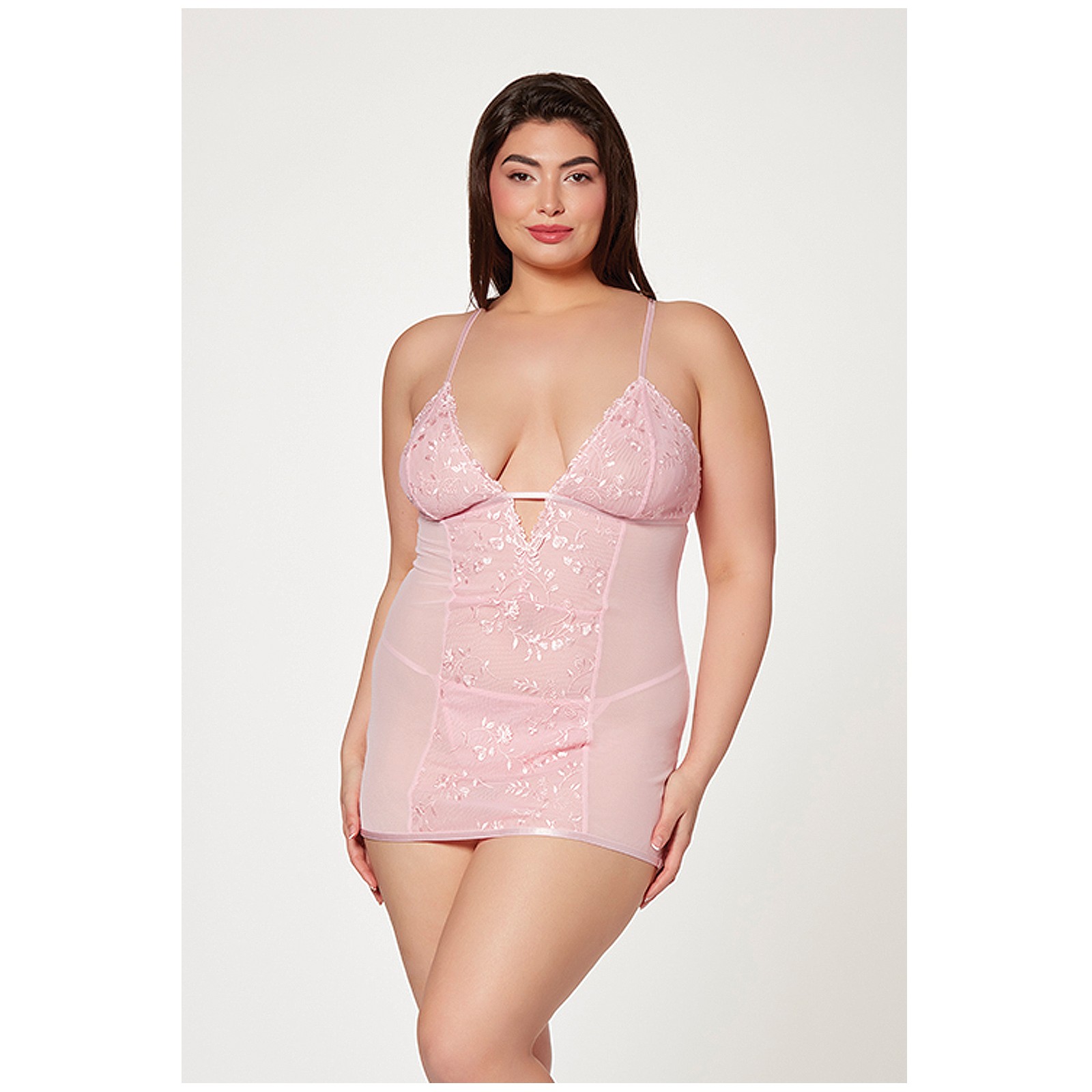 Floral Mesh Chemise & G-String Pink 1X/2X