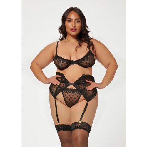 Conjunto de Sujetador, Waspie y Panty Bordado con Corazones - Negro